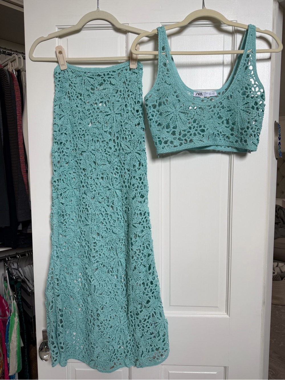 Zara Crochet Midi Skirt and Crop Top Set in Mint